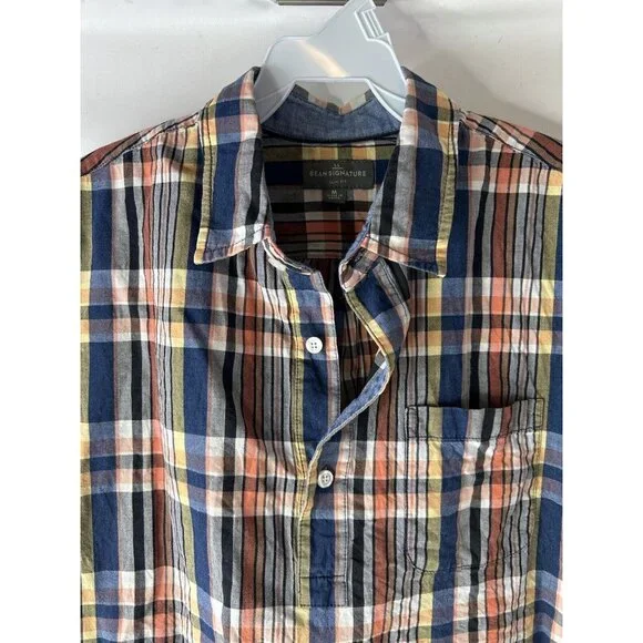 L.L. Bean Signature Rainbow Madras Plaid Button Popover Shirt Preppy - Picture 2 of 6